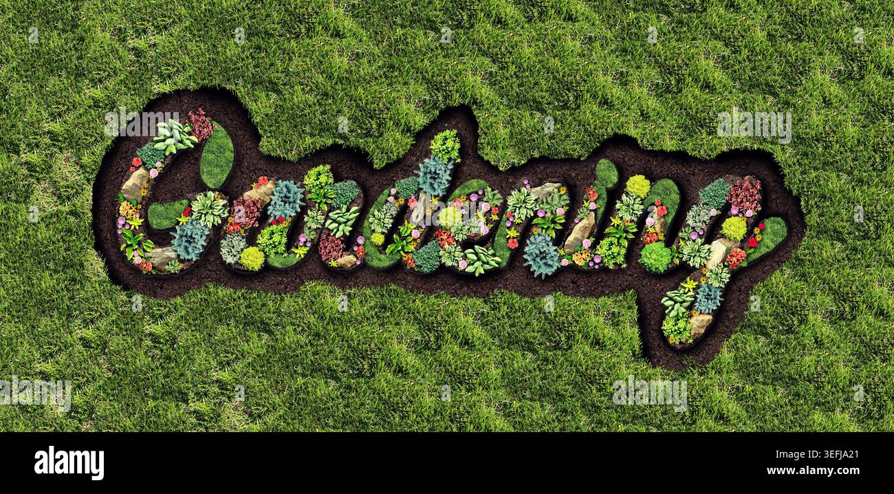 Garten- und Gartenlandschaft und Landschaftsgestaltung mehrjährige Gartengestaltung mit Zierpflanzen, bunten Blumenbeeten, gepflegtem Rasen und Dekor Stockfoto