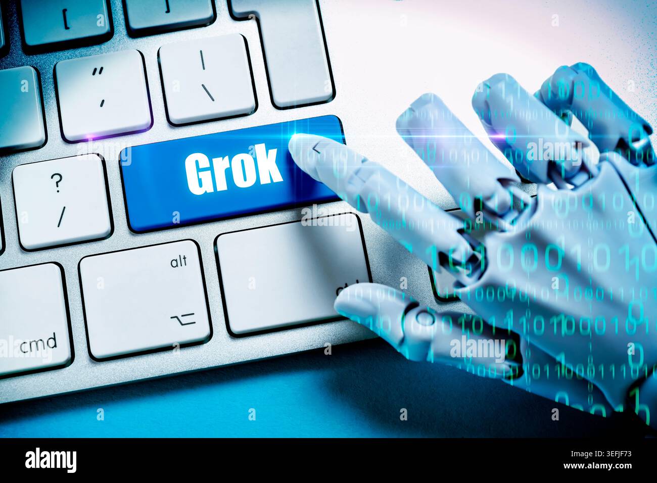 Ein Roboterfinger, der eine Computertaste mit der Bezeichnung Grok, Fotomontage drückt Stockfoto