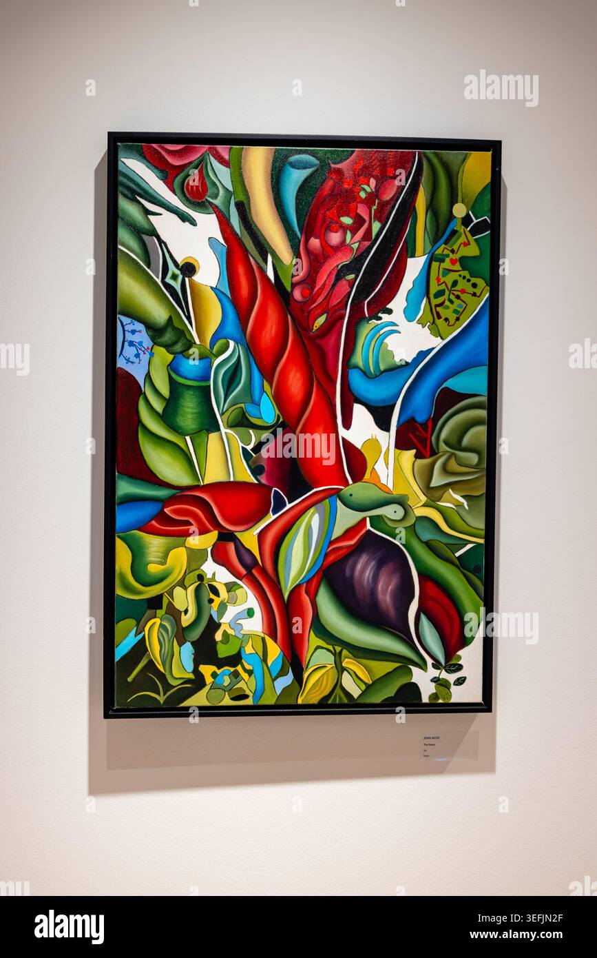 Lebendige abstrakte, von der Natur inspirierte Malerei auf der Galeriewand, abstrakter Expressionismus, moderne Kunst, kreative Farbharmonie, von der Natur inspirierte Formen, Stockfoto