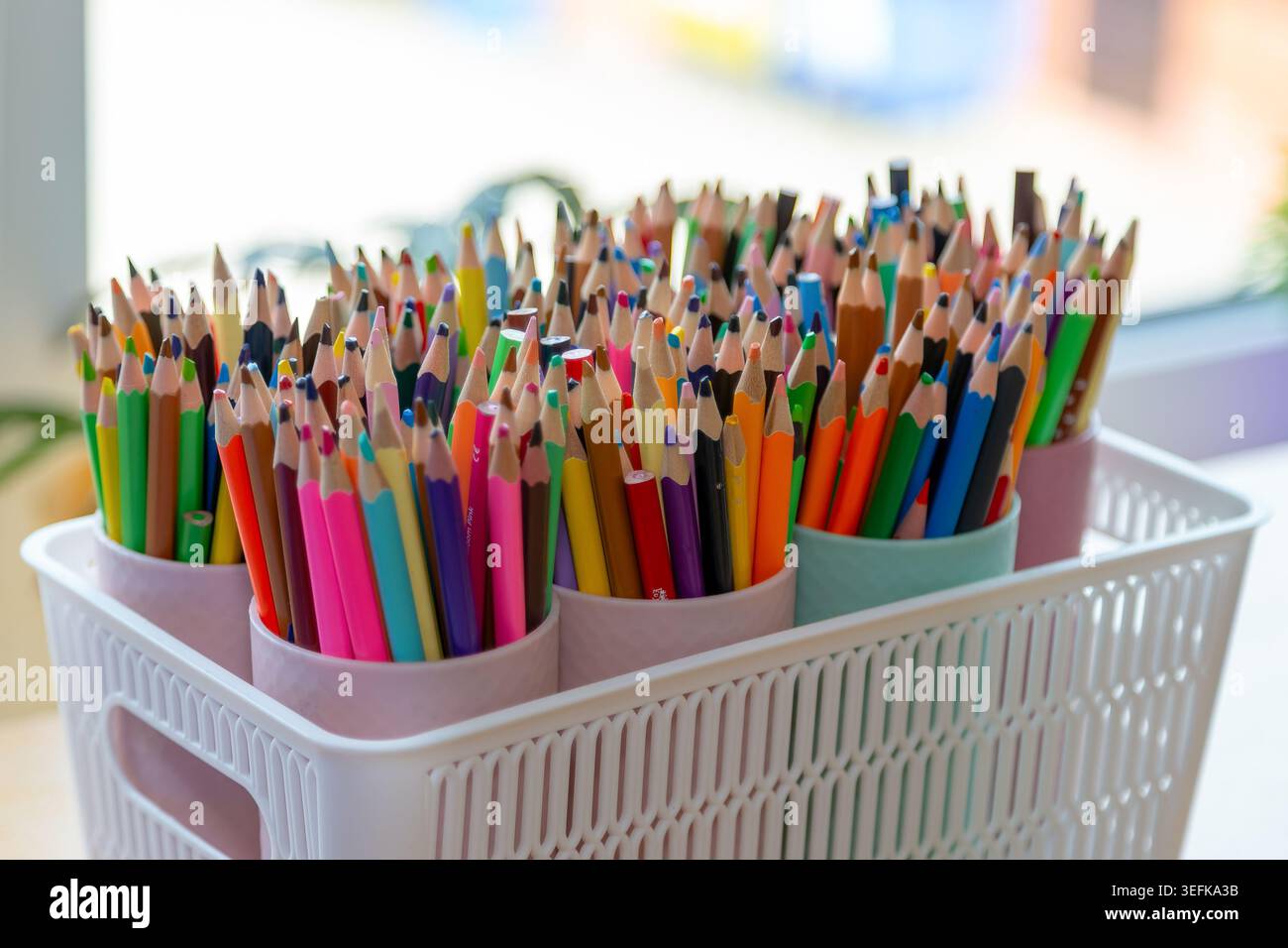 Große Sammlung von bunten Holzstiften in Tassen in einem weißen Kunststoffkorb, selektiver Fokus. Stockfoto