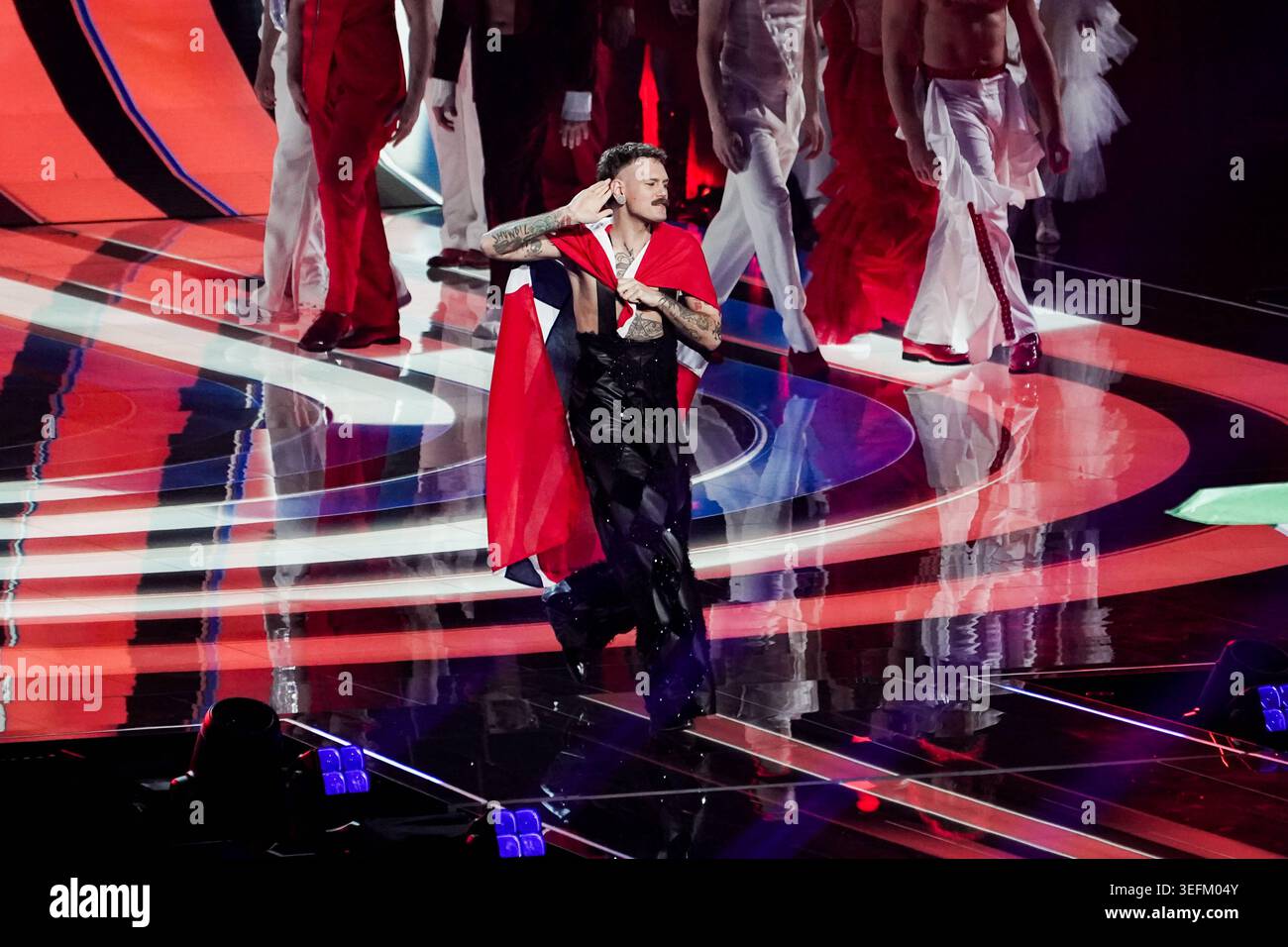 15.05.2026 - Europa, Österreich, Wien: 70. Eurovision Song Contest 2026 in der Wiener Stadthalle - Grand Final Dress Probe 2 JONAS LOVV mit dem Song YA YA für Norwegen *** 15 05 2026 Europa, Österreich, Wien 70 Eurovision Song Contest 2026 in der Wiener Stadthalle Grand Final Dress Probe 2 JONAS LOVV mit dem Song YA YA YA für Norwegen Copyright: XLUKAxKOLANOVICx Stockfoto