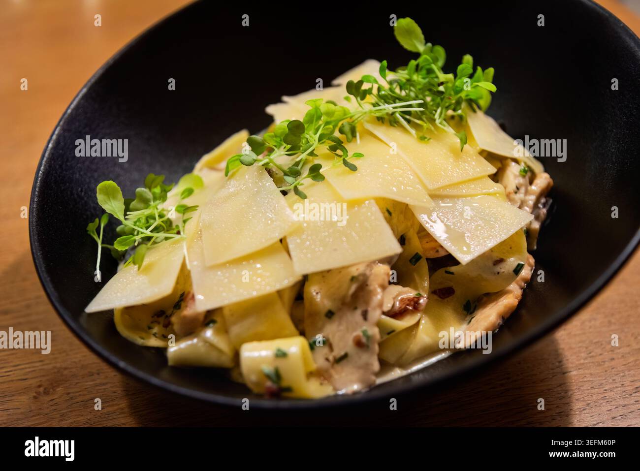 Nahaufnahme köstlicher cremiger Pappardelle-Pasta mit Huhn, Pilzen, garniert mit geriebenem Parmesankäse und frischem Mikrogrün, serviert in einem schwarzen bo Stockfoto
