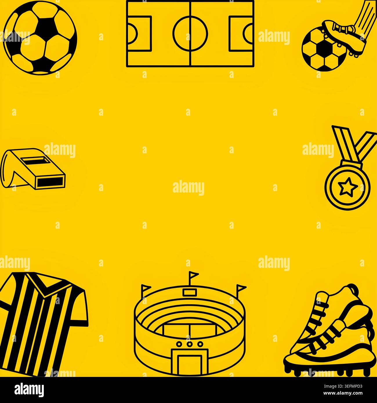 Plakate für Fußballturniere in flacher Form mit Medaille, Pfeife, Fußball, Trikot, Stadion für die Fußball-Weltmeisterschaft Stock Vektor
