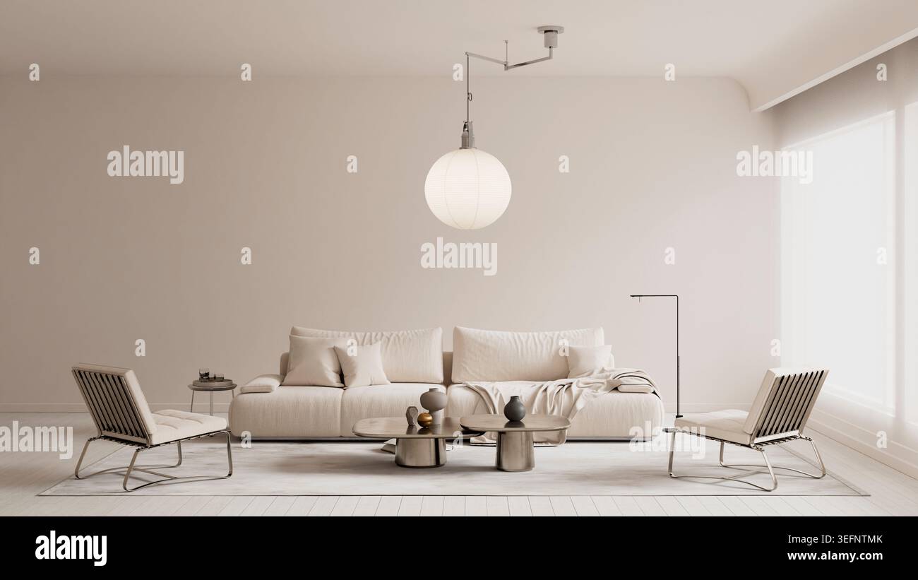 Minimalistisches skandinavisches Wohnzimmer mit großem Kopierraum, beigefarbenem modularem Sofa und elegantem, modernem, minimalistischem Design. 3D-Abbildung Stockfoto