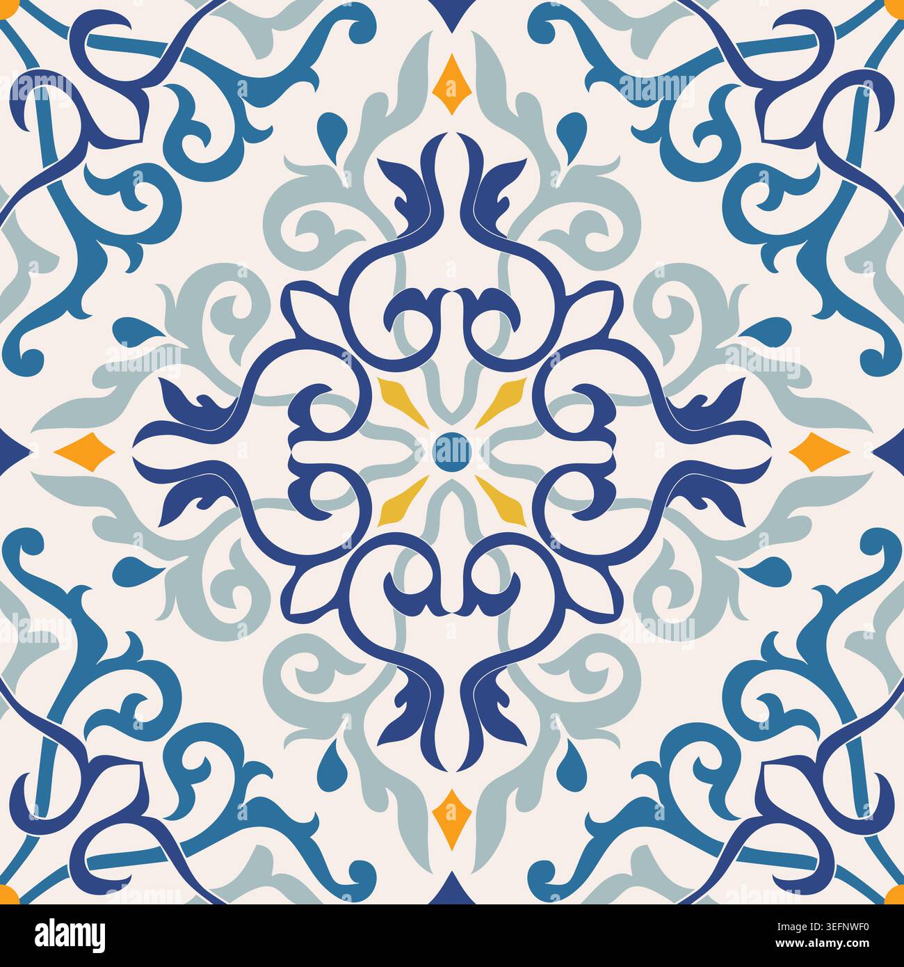 Nahtloses Muster mit viktorianischen Motiven. Nahtloses Damastmuster. Farbenfrohes Azulejo, original traditionelles portugiesisches und spanisches Dekor. Vektor Stock Vektor