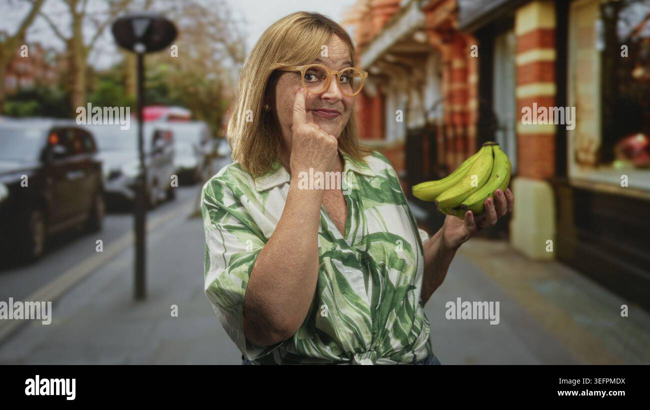 Mittelalter hispanische Blondine hält Bananen in einer Hand und zeigt mit dem Finger auf die Brille auf einer Straße mit geparkten Autos und Ladenfronten; p Stockfoto