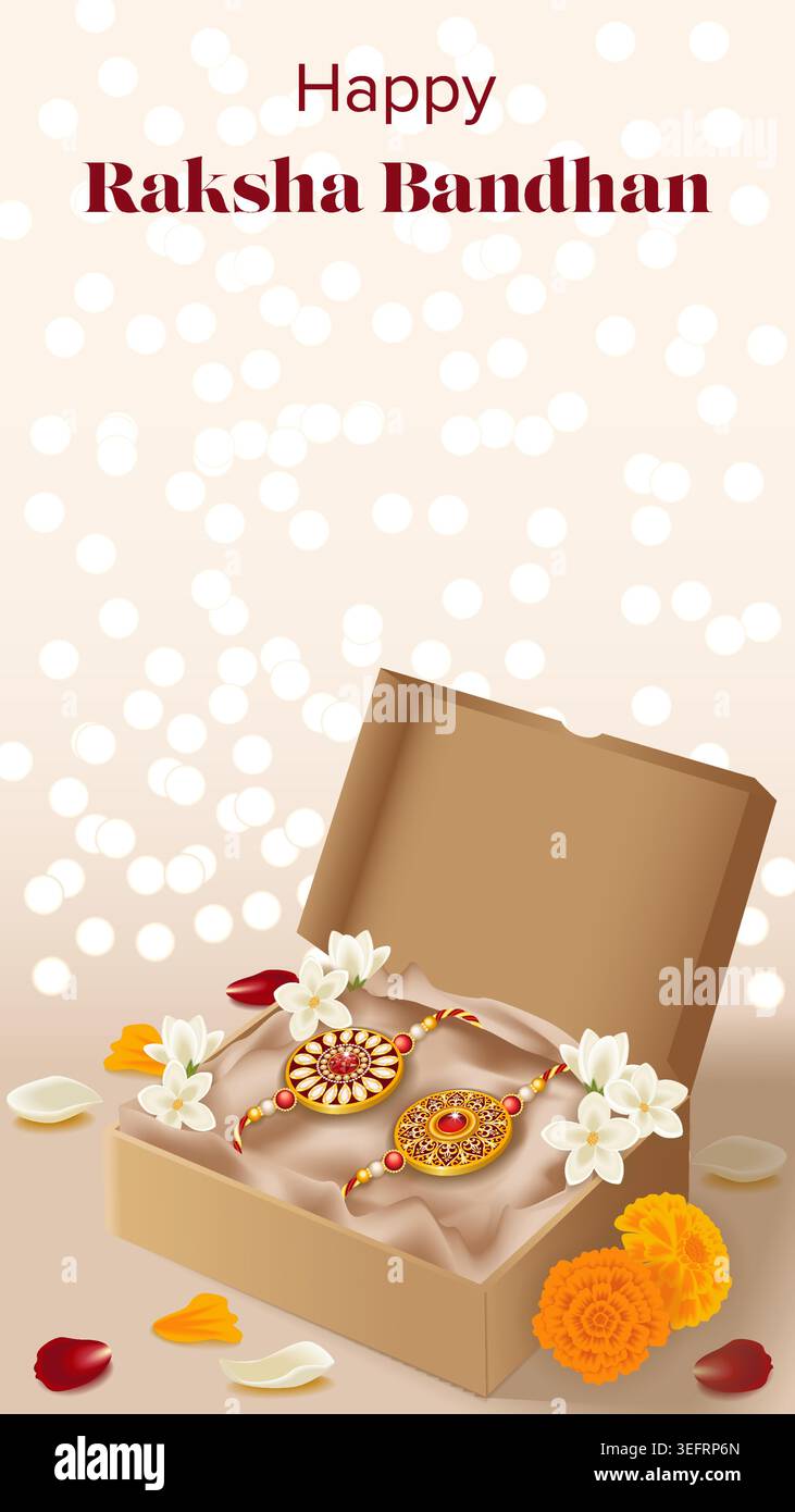 Bearbeitbares vertikales Raksha Bandhan Banner mit Rakhi in der Geschenkbox aus Kraft mit Jasmin- und Ringelblumen und Kopierraum für soziale Medien, Anzeigen und Web. Stock Vektor
