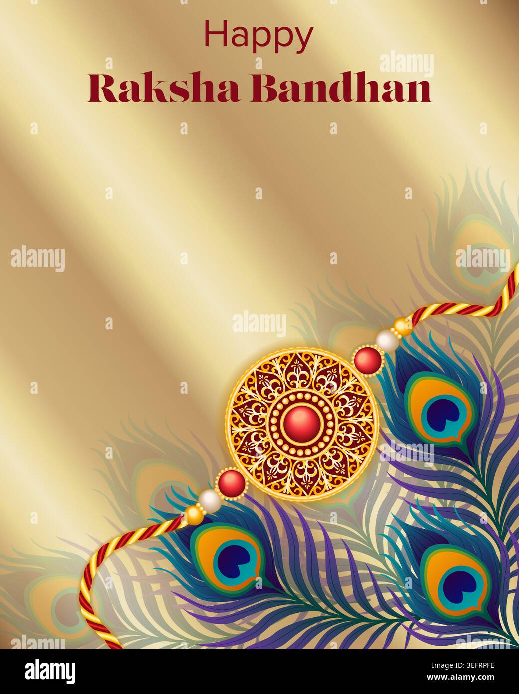 Bearbeitbares Raksha Bandhan Banner mit Rakhi und Pfauenfedern auf goldenem Hintergrund und Kopierraum für soziale Medien, Anzeigen und Web. Stock Vektor