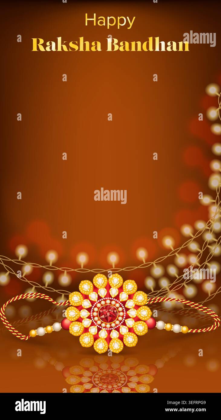 Bearbeitbares vertikales Raksha Bandhan Banner mit Rakhi auf glänzender Oberfläche und Bokeh Feenlichter Hintergrund mit Kopierraum für soziale Medien, Anzeigen und Web. Stock Vektor