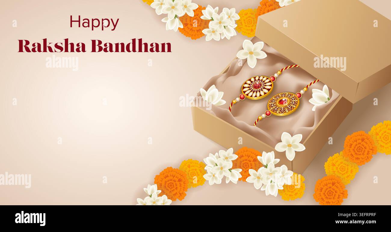 Bearbeitbares horizontales Raksha Bandhan Banner mit Rakhi in der Geschenkbox aus Kraft mit Jasmin- und Ringelblumen und Kopierraum für soziale Medien, Anzeigen und Web. Stock Vektor