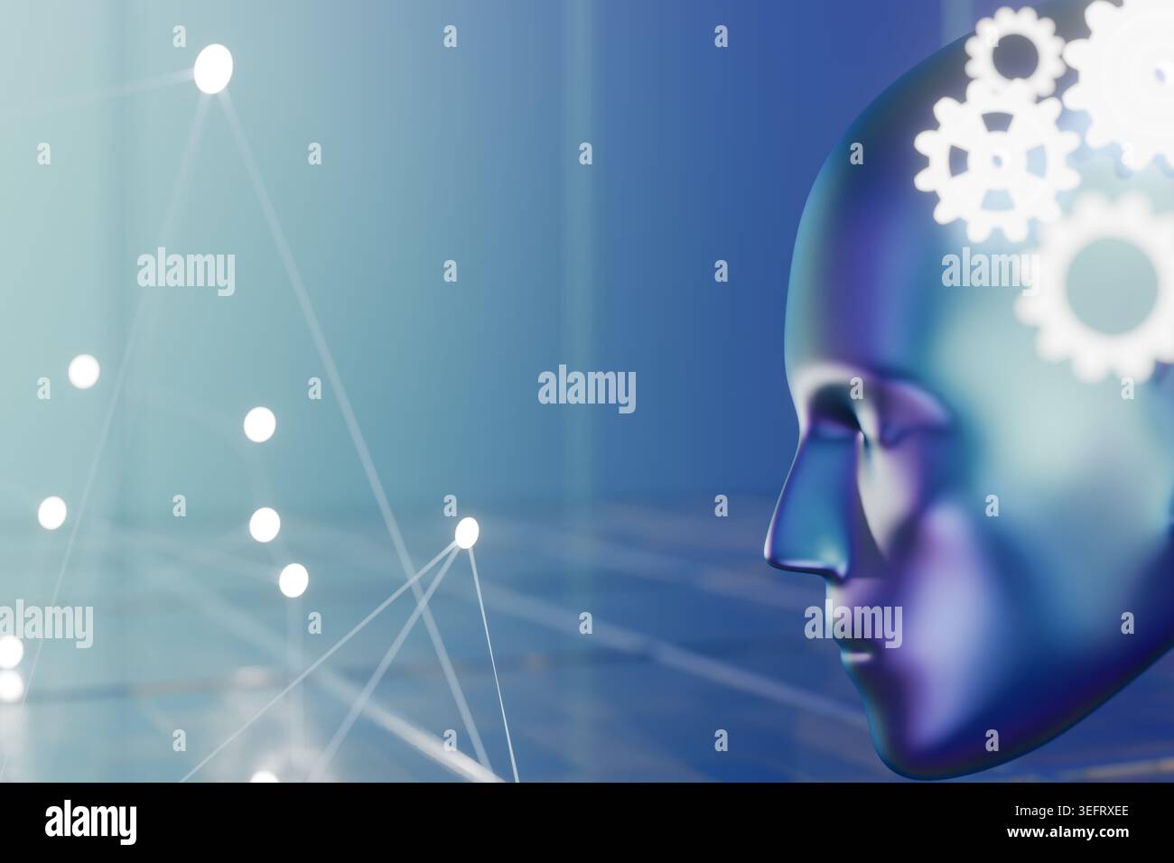3D-Rendering eines digitalen menschlichen Kopfes mit leuchtenden Zahnrädern und einem Hintergrund eines neuronalen Netzes. Steht für künstliche Intelligenz, kognitives Computing und Autom Stockfoto
