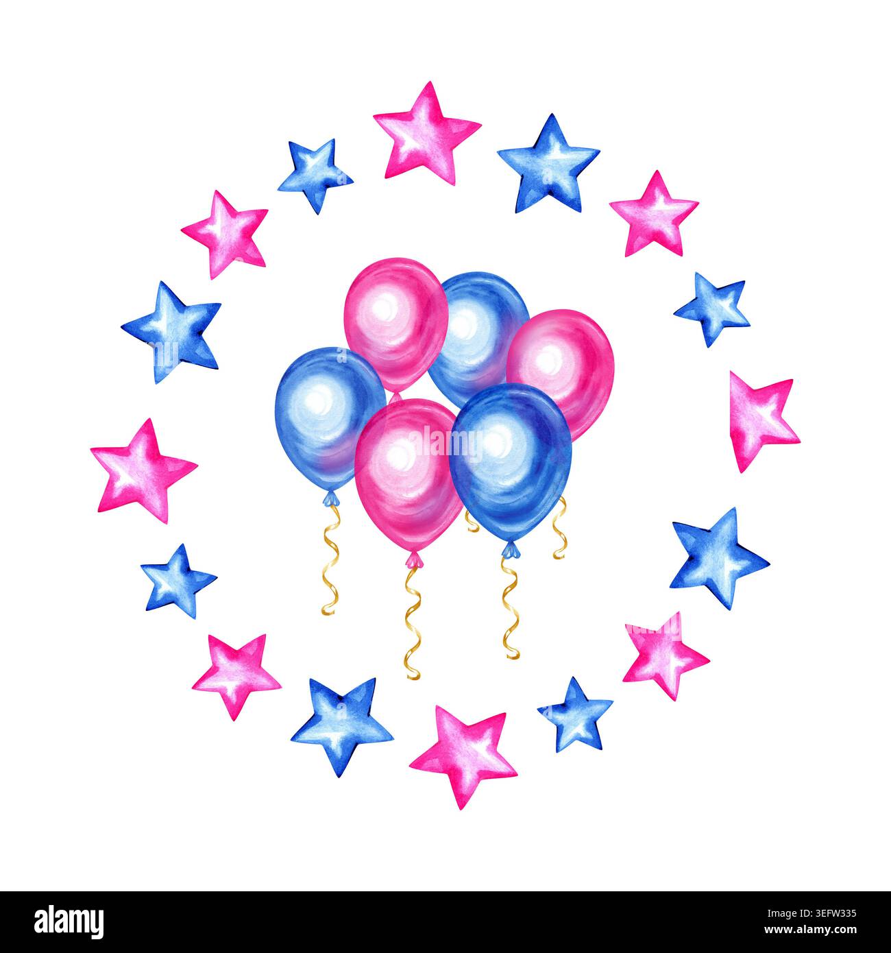 Festliche Aquarellillustration mit einem Haufen rosa und blauer Ballons mit goldenen welligen Strängen, wunderschön von Hand gezeichnet. Die zentrale Zusammensetzung Stockfoto