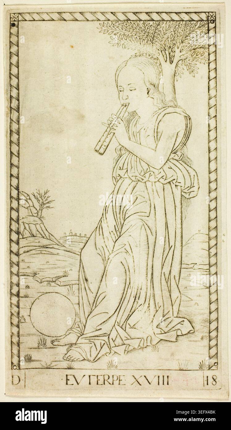 Euterpe, Muse of Music von Meister der E-Serie Tarocchi, um 1465, die klassische Muse, die eine Doppelflöte spielt, in einer pastoralen Landschaft mit fließenden Vorhängen und zartem Laub Stockfoto