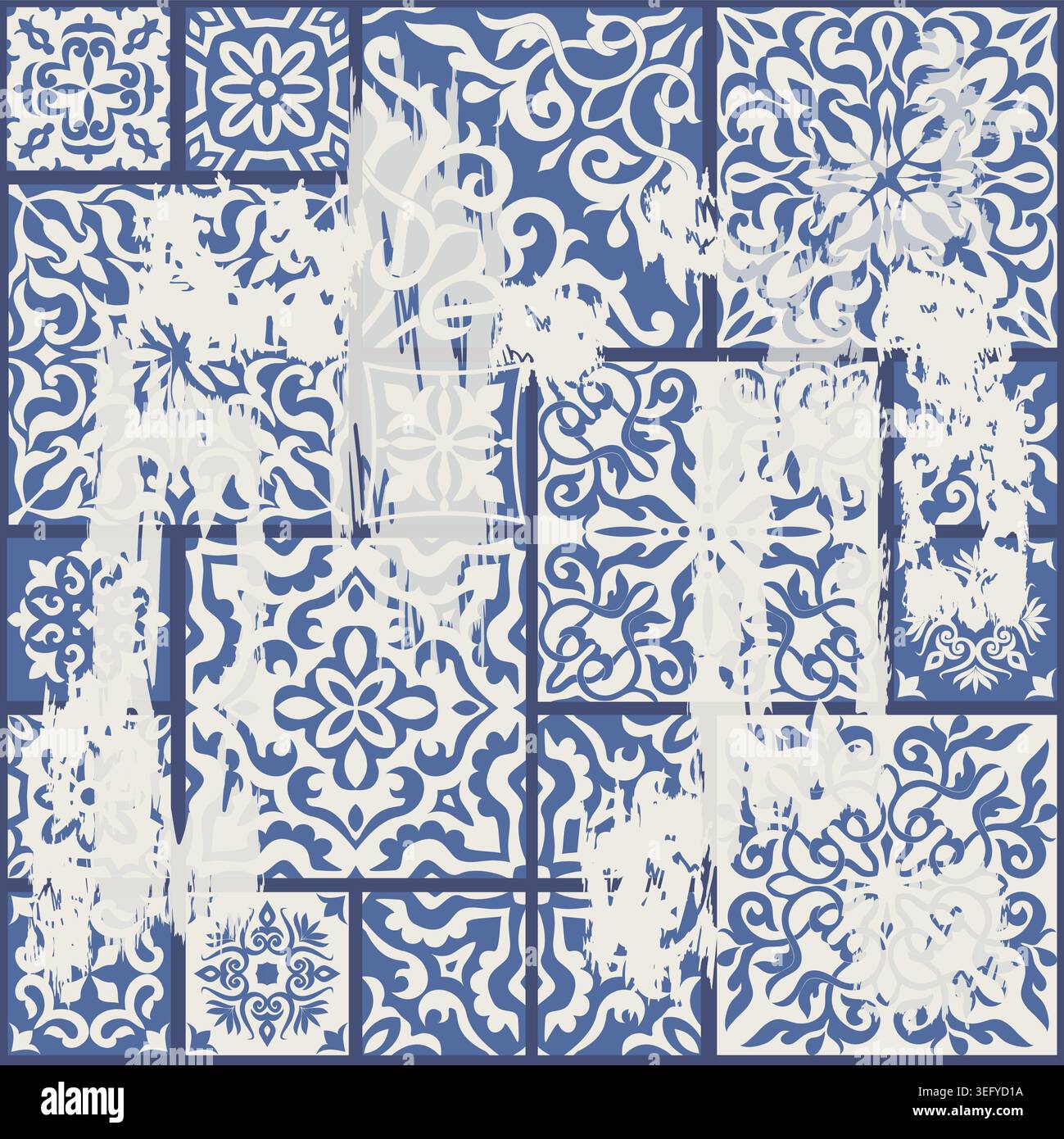 Nahtloses Vintage-Flickwerk mit Abriebeffekt. Azulejo-Fliese. Vintage-Einrichtung mit Grunge-Stoffen. Nahtloser Teppich. Vektorabbildung Stock Vektor
