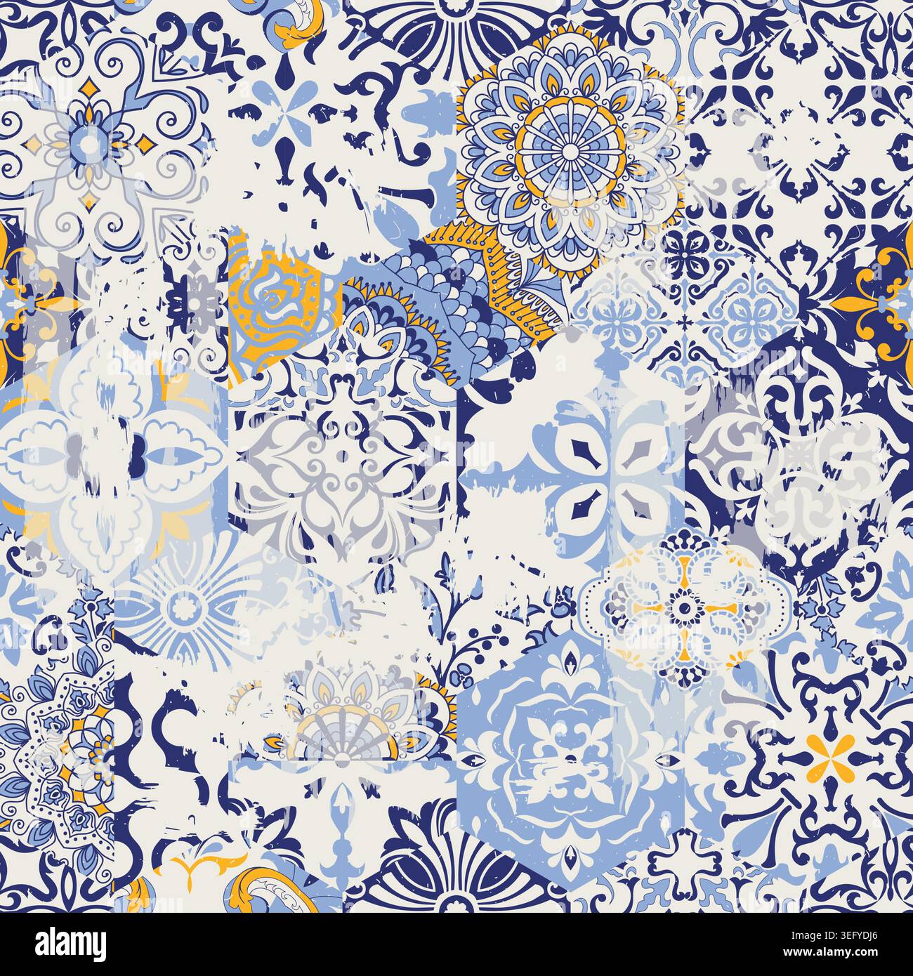 Nahtloses Vintage-Flickwerk mit Abriebeffekt. Azulejo-Fliese. Vintage-Einrichtung mit Grunge-Stoffen. Original-portugiesisches spanisches Dekor. Vektor Stock Vektor