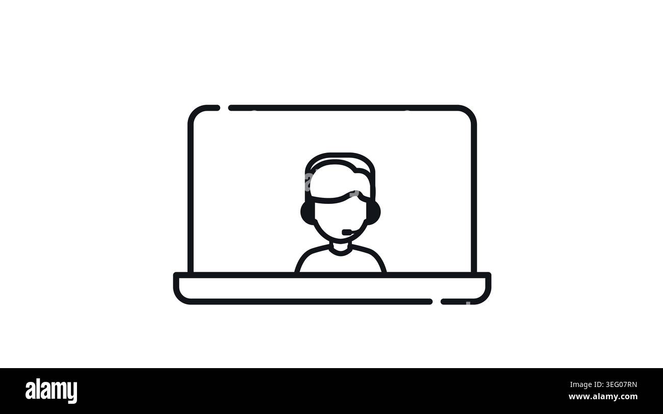 Laptop-Kundensupport-Symbol: Tragbarer Computer mit Agent, der ein Headset auf dem Bildschirm trägt, minimalistische schwarze Strichvektorillustration für Helpdesk. Stock Vektor