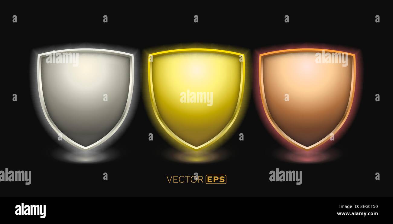 Drei glänzende Metallic Shields mit Neonlicht für erstklassige Qualität, Schutz und Leistung. Vektorabbildung Stock Vektor