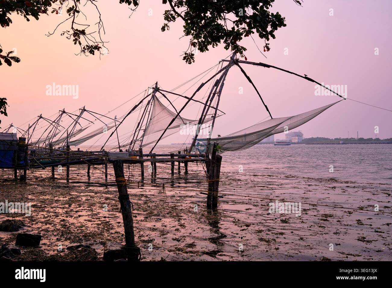 Indien, Kerala State, Fort cochin oder Kochi, chinesische Fischernetze, die im 14. Und 15. Jahrhundert von chinesischen Händlern importiert wurden Stockfoto
