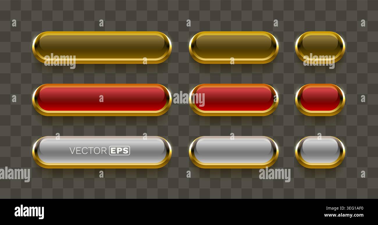 Elegantes Set mit glänzenden Webtasten mit goldenem Rand in verschiedenen Farben und Größen, perfekt für modernes UI-Design. Vektorabbildung Stock Vektor
