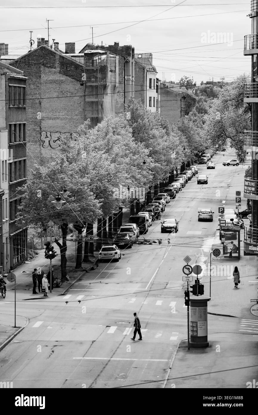 Schwarzweiß-Hochwinkelansicht der Gertrudes-Straßenkreuzung in Riga mit Fußgängerüberquerung Asphaltstraßenverkehr und von Bäumen gesäumter A Stockfoto