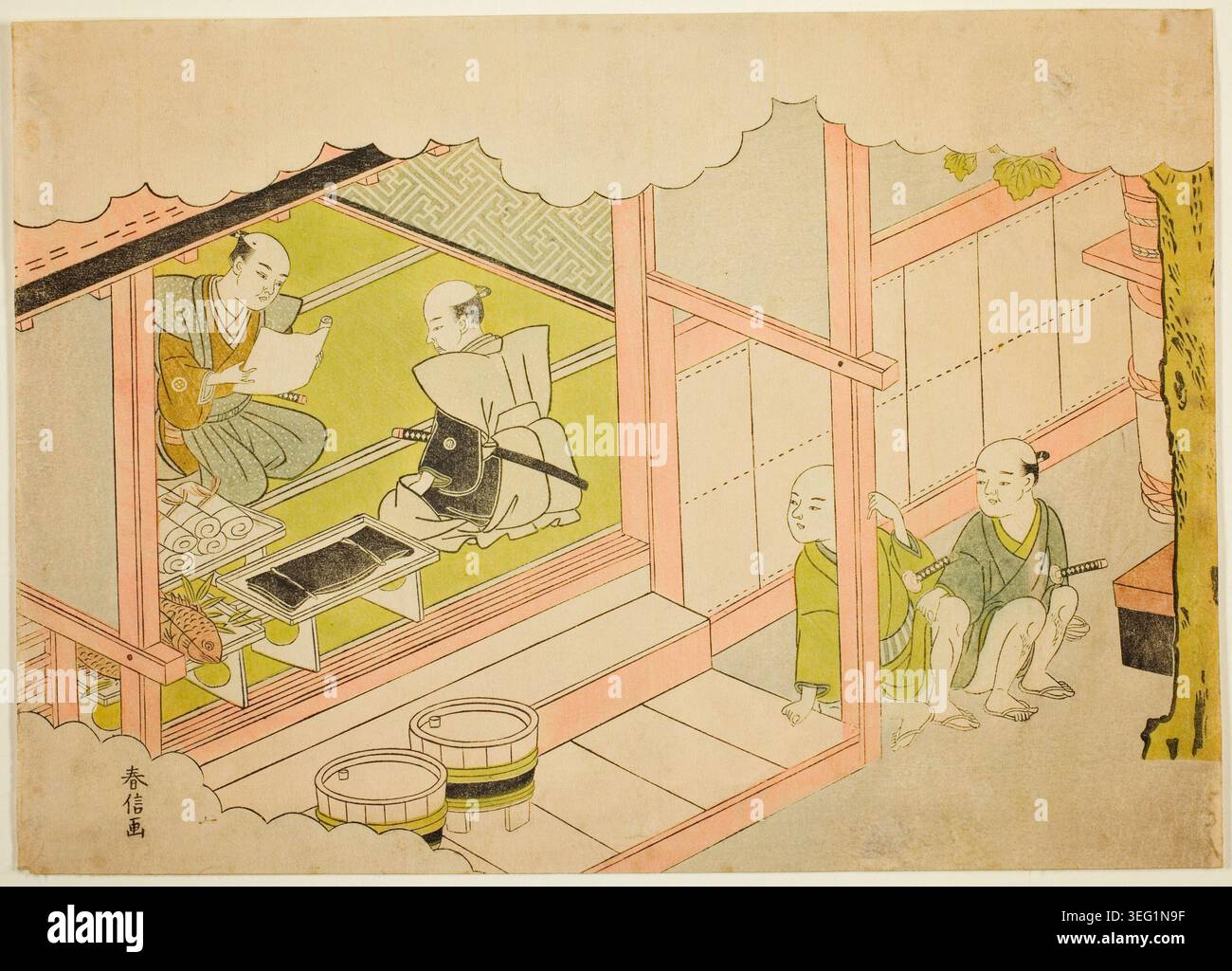 Tausch von Geschenken (Yuino) von Suzuki Harunobu, um 1769, zeigt eine Verlobungszeremonie mit einer Braut und einem Bräutigam im Haus, während die Betreuer Geschenkboxen präsentieren Stockfoto