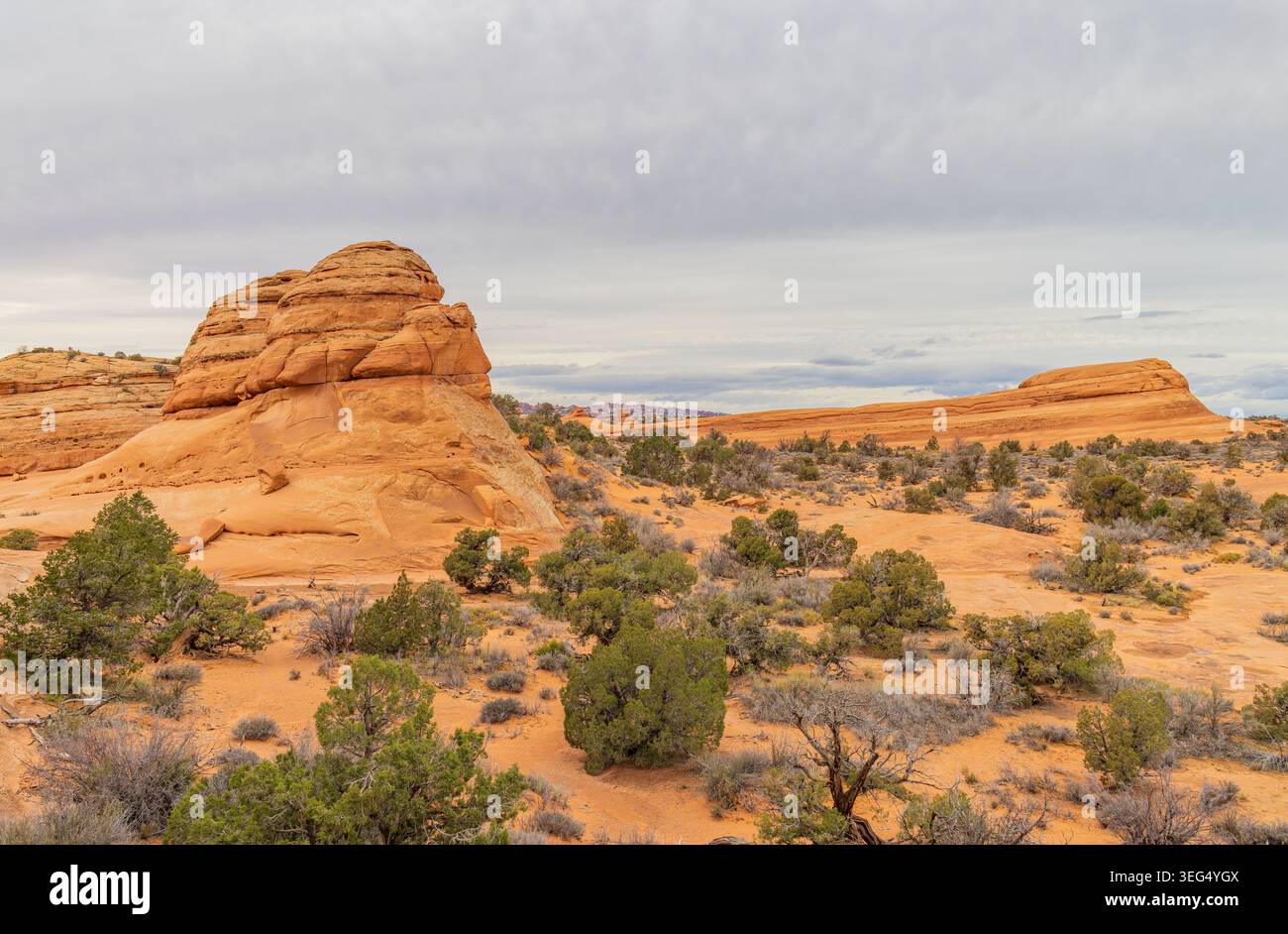 Mehrschichtige rote Sandsteinstrukturen dominieren die trockene Landschaft, umgeben von verstreuten grünen Sträuchern und Büschen im weichen, diffusen Licht. Stockfoto