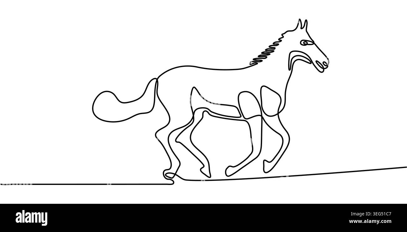 Durchgehende Linienzeichnung des laufenden Wildpferdes Hengstes, minimalistische schwarz-weiße einzeilige Kunstvektor-Illustration des Tieres. Stock Vektor