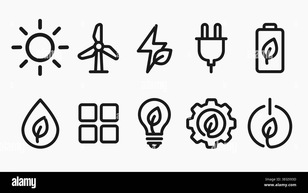 Schlanke Symbole für grüne Energiequellen, Solarpaneele, Windturbinen und umweltfreundliche Energielösungen. Geeignet für Startups aus erneuerbaren Energien. Stock Vektor