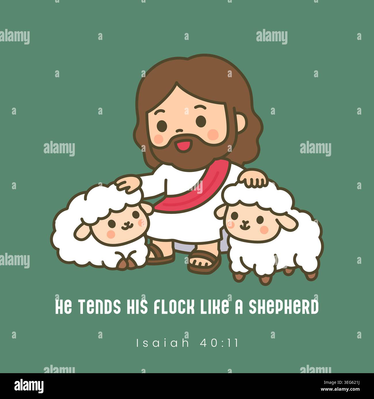 Kawaii Jesus sitzt auf Felsen und streichelt zwei Lämmer mit Bibelversen. Er pflegt seine Herde wie Ein Hirte auf grünem Hintergrund Stock Vektor