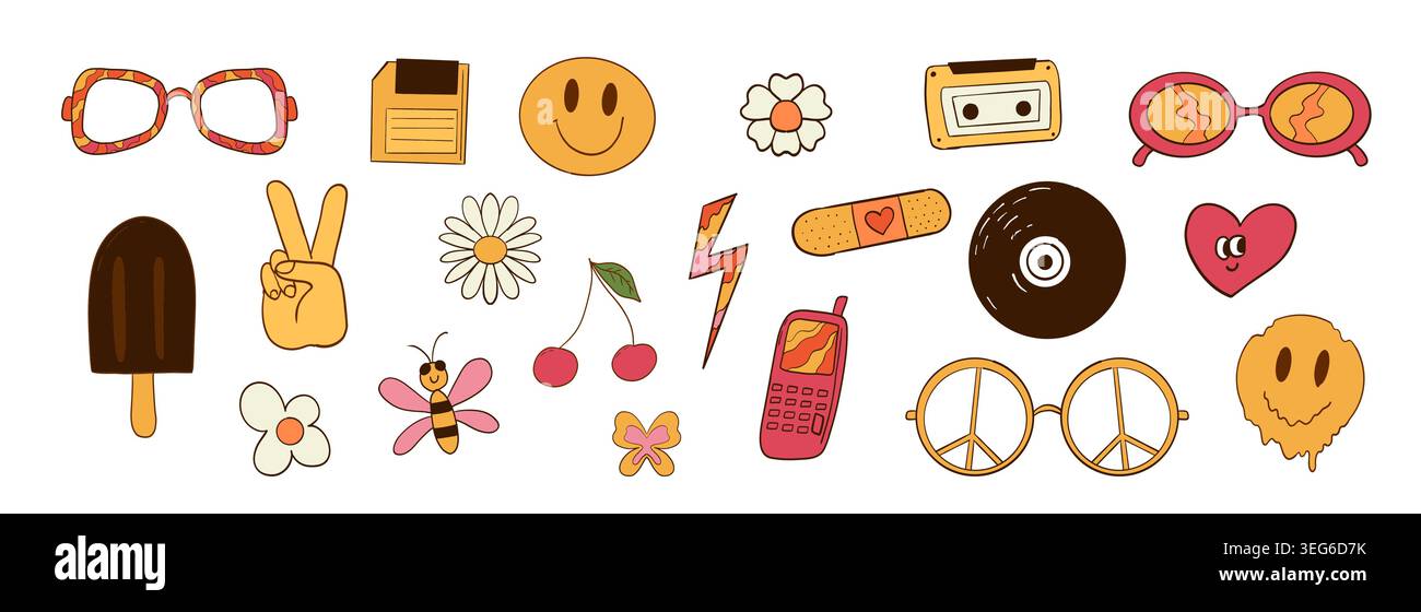 Grooviges Retro-Sticker-Set. Süße Gänseblümchen, lächelnde Gesichter, Eis-Funky-Herz, Kirsche. Groovige Sonnenbrille, analoges Audio, Vinyl. Etikettenaufkleber y2k Vintage 70-s. Emoticon Herzblume trendige Elemente. Vektorabbildung Stock Vektor