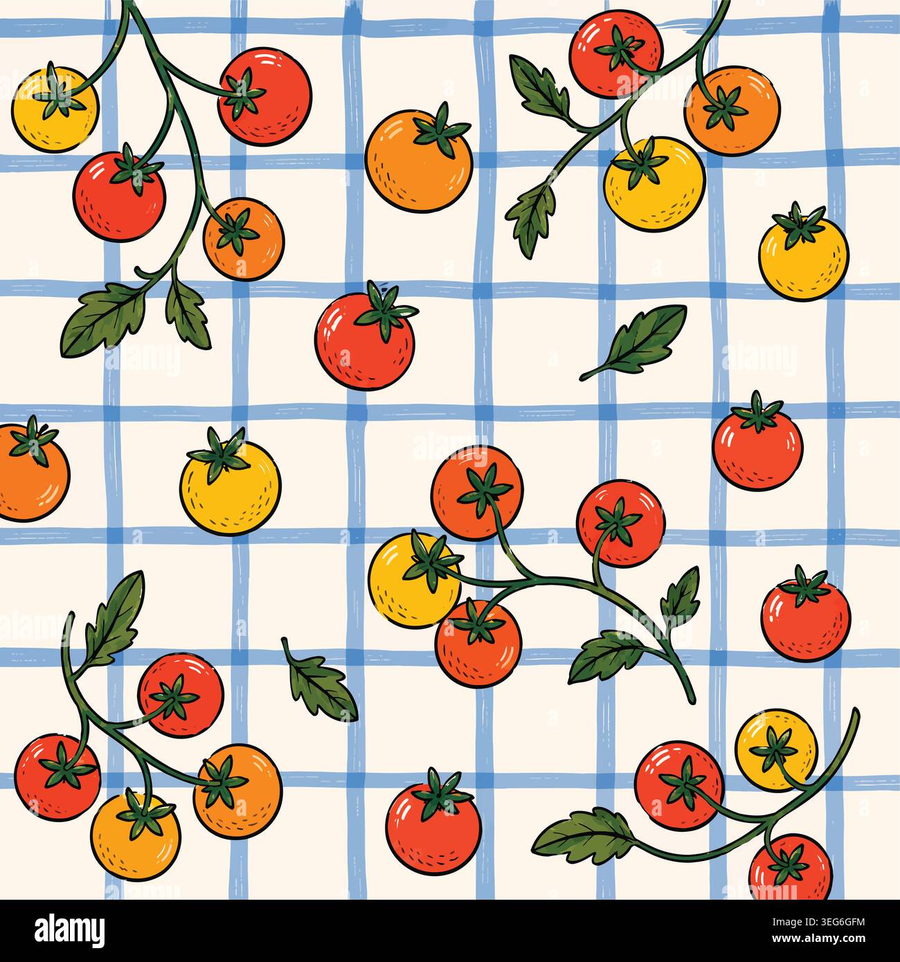 Hand gezeichnete Kirschtomaten nahtloses Muster auf kariertem Hintergrund Stock Vektor