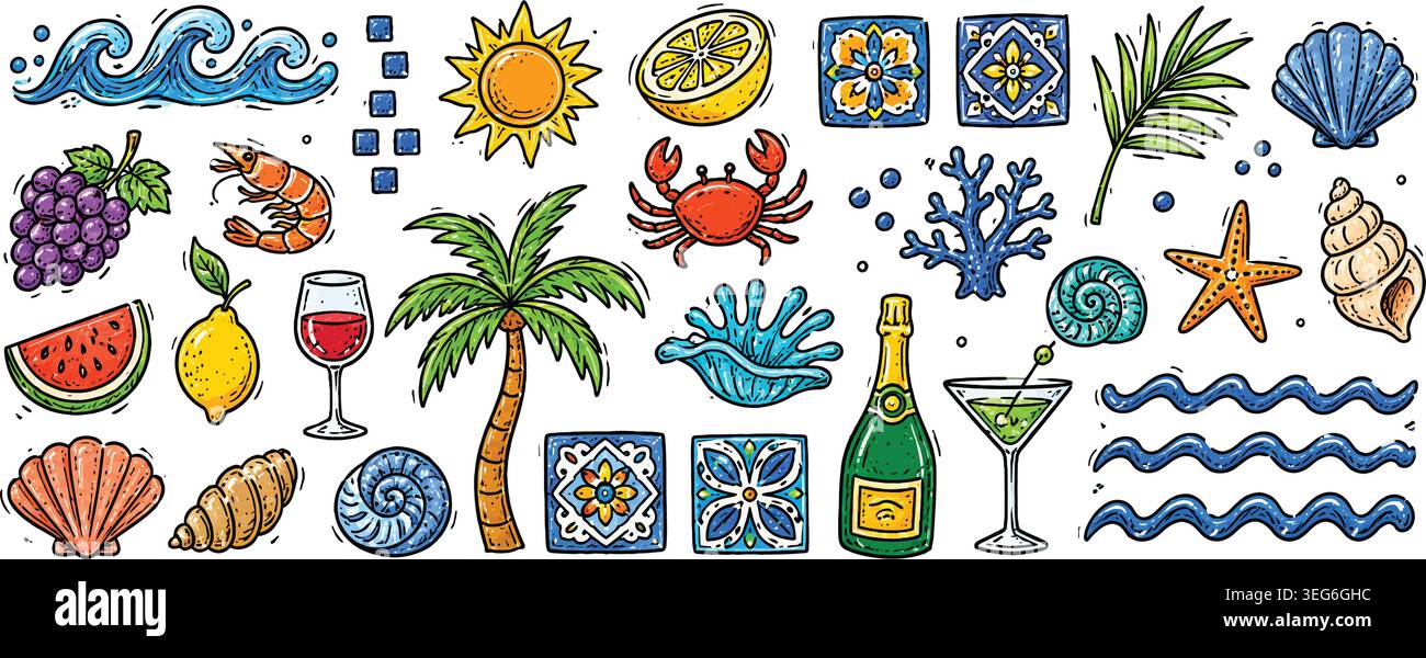 Handgezeichnetes Doodle-Set mit mediterranem Sommerstrand und Küstenleben Stock Vektor