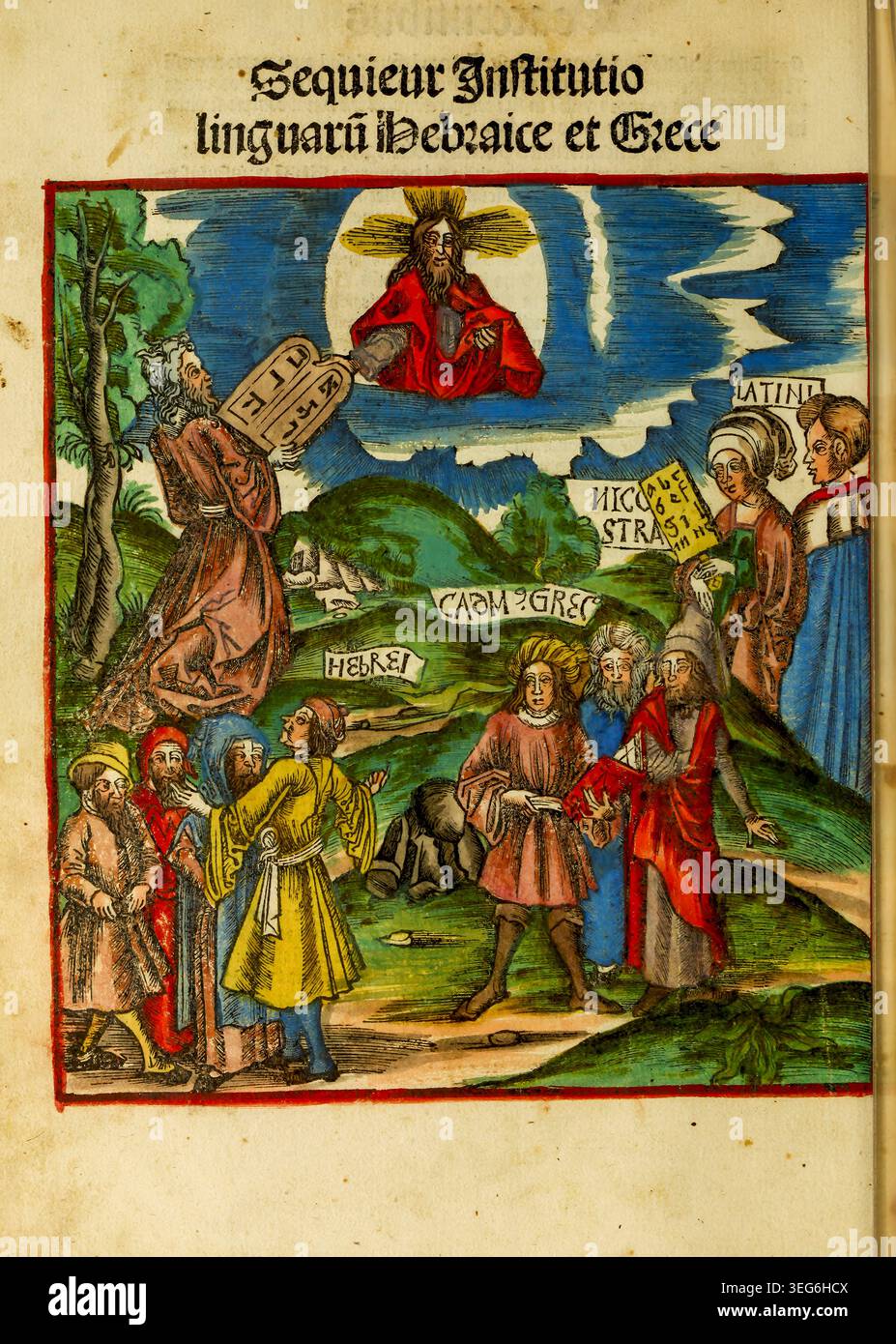 Antike Illustration, die Gott Moses das Gesetz gibt und verschiedene Gruppen von Menschen, die Weisheit empfangen, die hebräische, griechische und lateinische sprachliche und philosophische Traditionen repräsentieren. Die Margarita Philosophica („Philosophische Perle“) ist ein bedeutendes Renaissanceenzyklopädie und Universitätslehrbuch des Kartäusermönchs Gregor Reisch. Erstmals 1503 erschienen, liefert es das Grundwissen des 16. Jahrhunderts in einem zugänglichen, illustrierten Dialog zwischen einem Meister und einem Studenten. Aus der 1515-Erweiterung Stockfoto