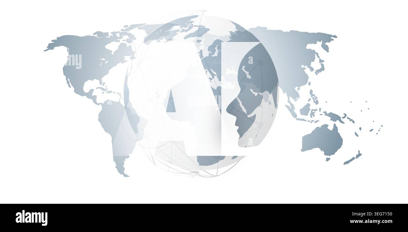 Machine Learning in Grau und weiß, Künstliche Intelligenz, Cloud Computing und Global Networks Concept mit World Map, Globe, Robot Face Profile und BI Stock Vektor