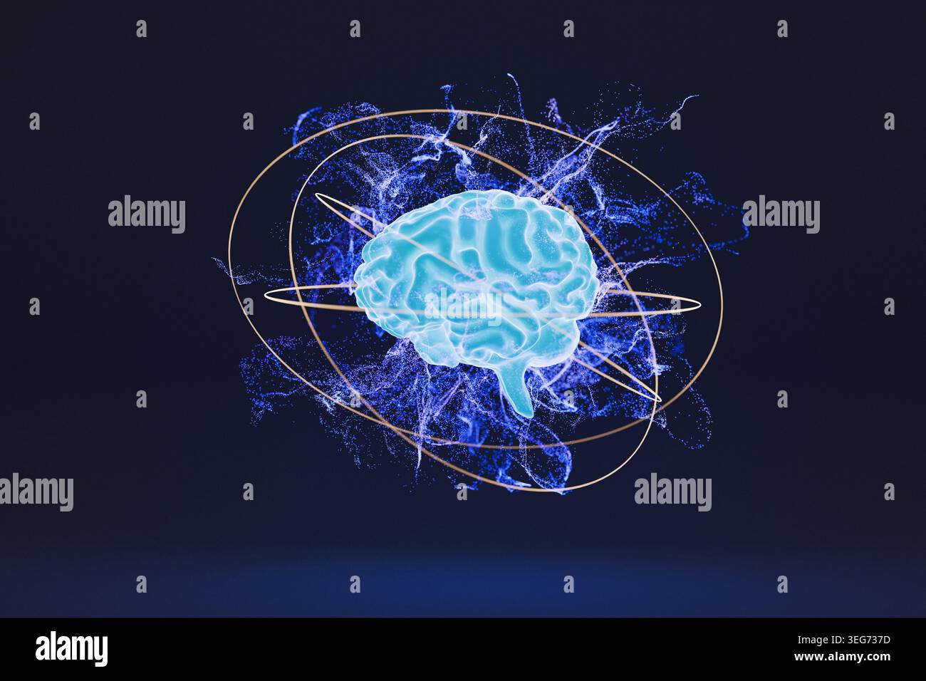 Leuchtend blaues menschliches Gehirn umgeben von abstrakten digitalen Energiepartikeln und goldenen Orbitalringen auf dunklem Hintergrund, die KI und Neurowissenschaft repräsentieren Stockfoto