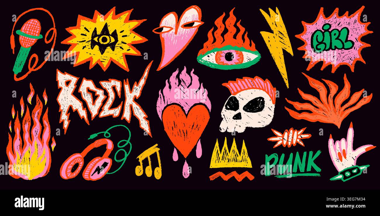 Punk Rock Sticker Doodle Set mit Musiksymbolen, Schädel, Feuer und Blitz in farbenfroher Buntstift Textur auf dunklem Hintergrund. Rock Sticker und Punk Doodle Stock Vektor