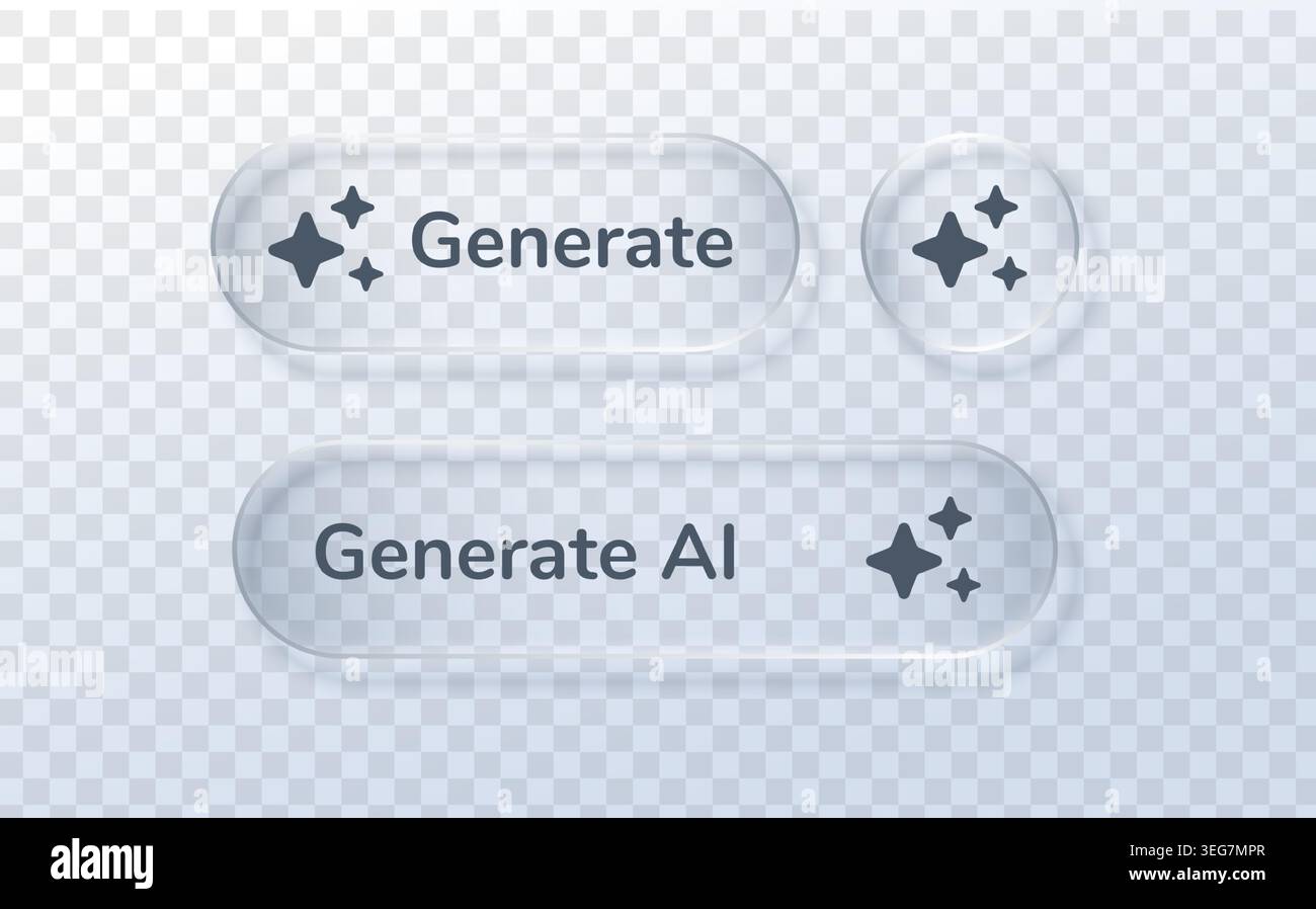 AI-Eingabeaufforderung mit Glassymbol-Taste für transparentes Feld der benutzeroberfläche generieren. Textstern künstlich mit Ai 3D-Symbol für App-Flüssigmittel. Intelligenz schaltet Ai um Stock Vektor