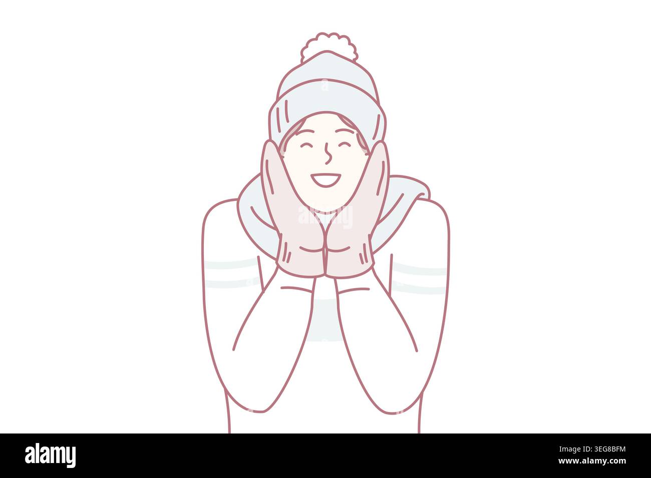 Glücklicher Mann in Pullover und lächelnde Fäustlinge Genießen Sie kaltes Wetter und freuen Sie sich auf die feiertage im dezember. Ein positiver junger Mann mit Wintermütze und Schal steht draußen zwischen herabfallenden Schneeflocken. Flaches Vektordesign Stock Vektor