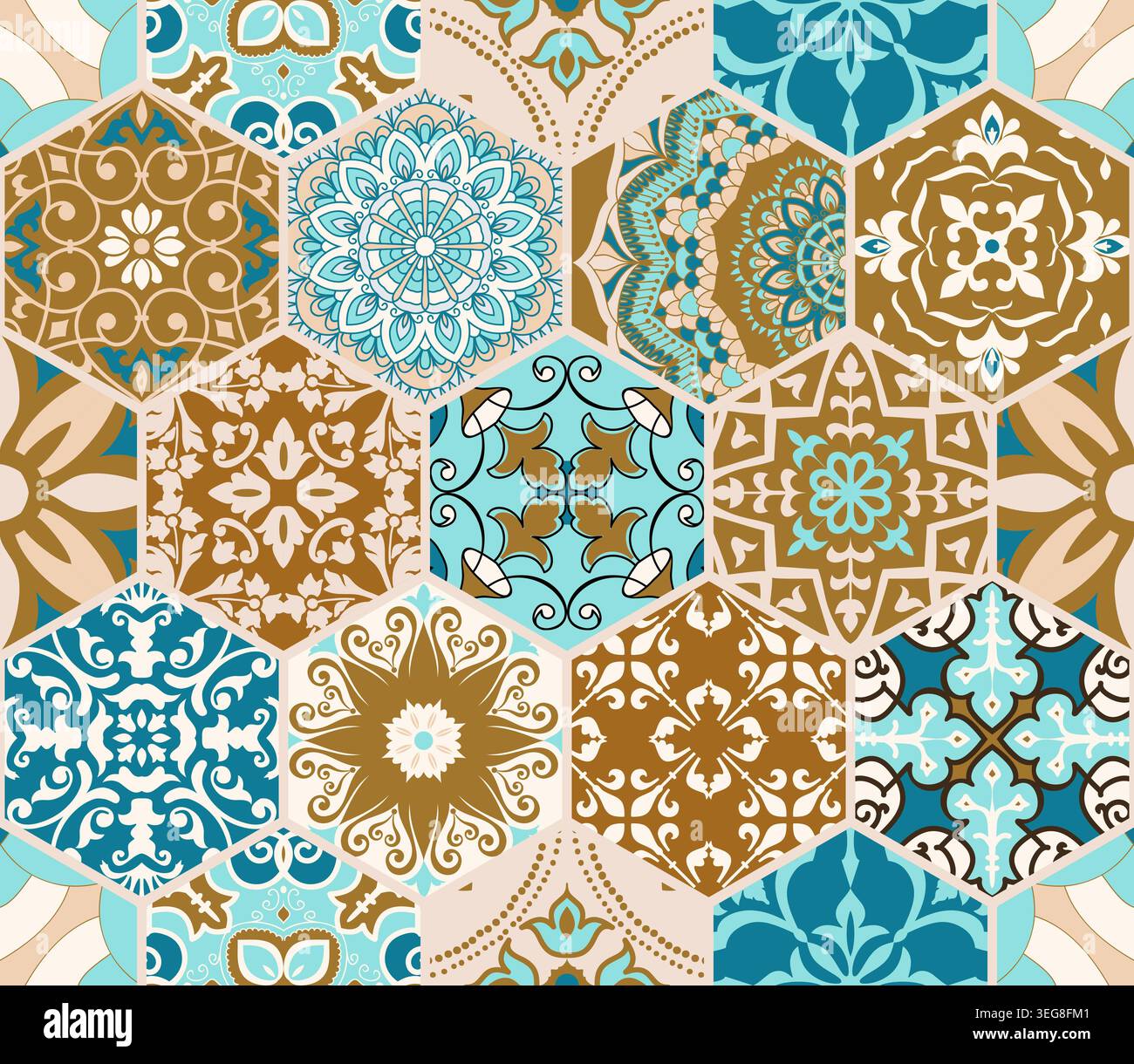 Nahtlose, farbenfrohe Fliesen mit mediterranen Motiven. Gaudi-Mosaik. Keramikfliesen im talavera-Stil. Vektorabbildung Stock Vektor