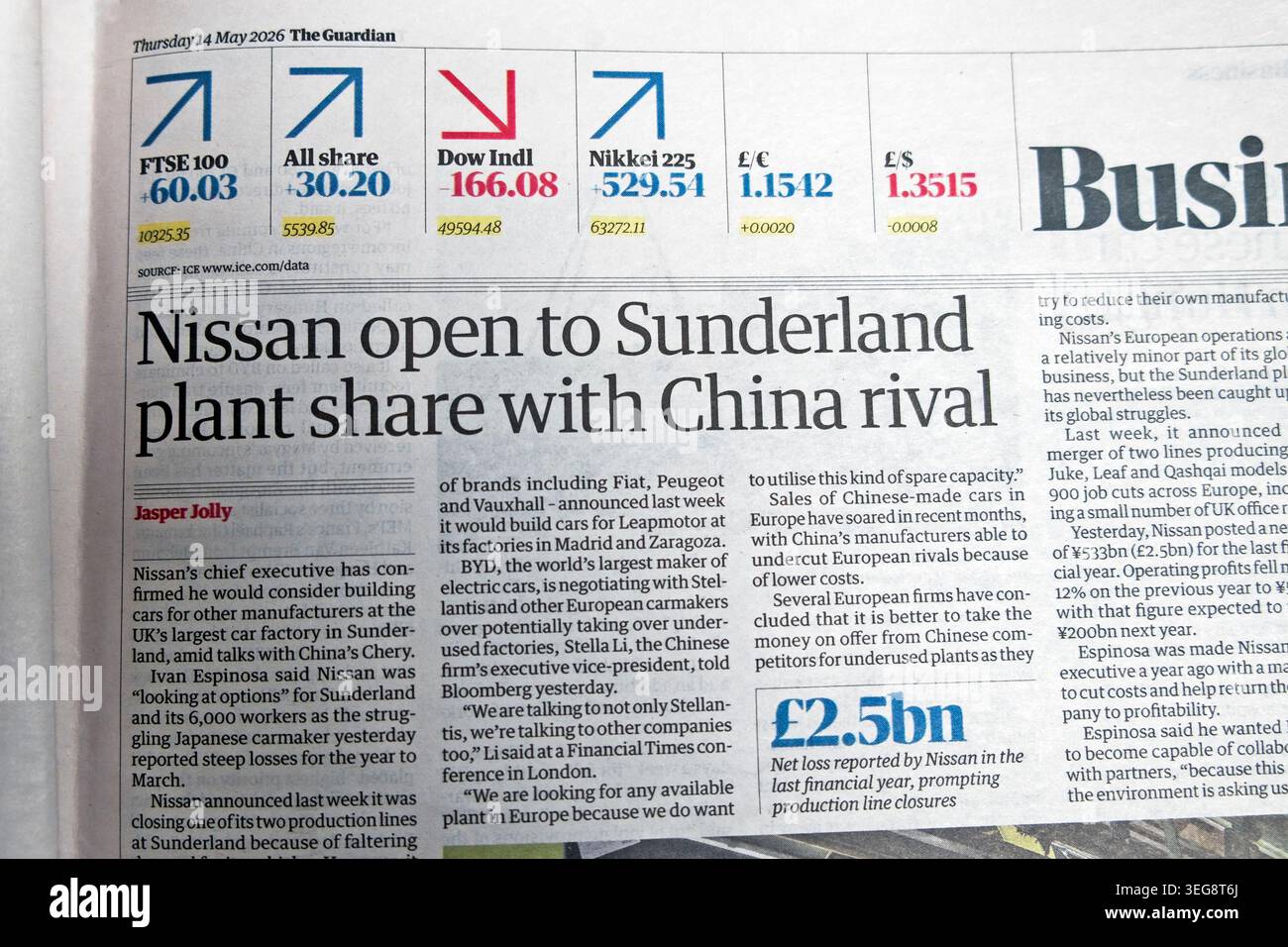 „Nissan Open to Sunderland Plant Share with China Rival“ Guardian-Zeitung titelt Business European Carmakers artikel 14 Mai 2026 Vereinigtes Königreich Europa Stockfoto