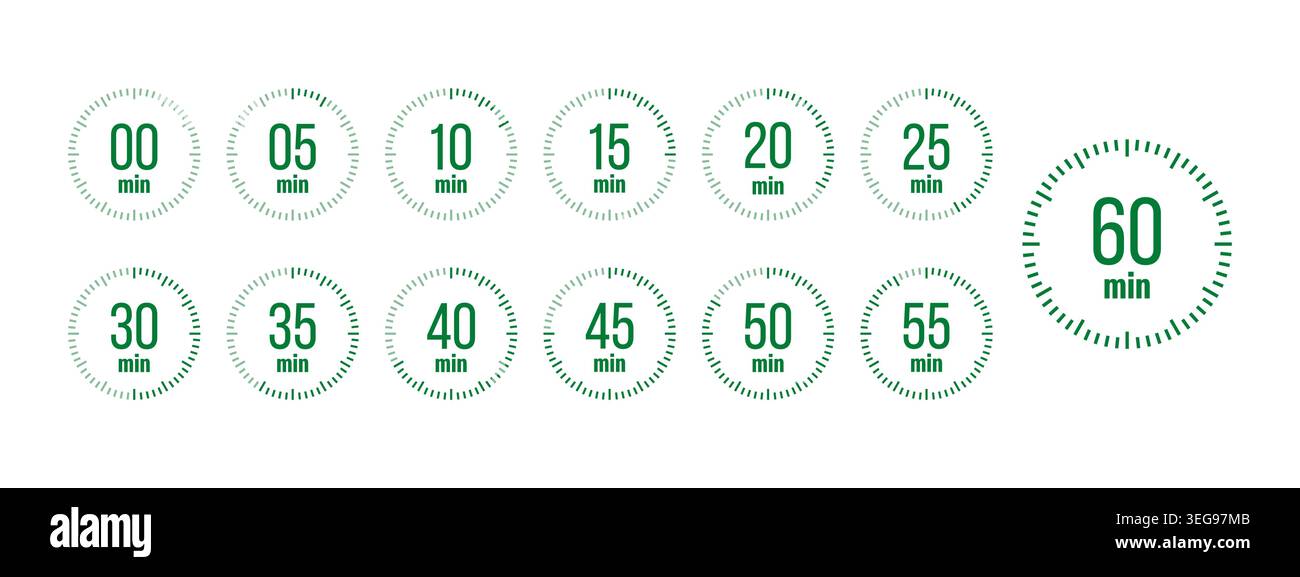 Set mit grünen minimalistischen Stoppuhr-Minutensymbolen Stock Vektor