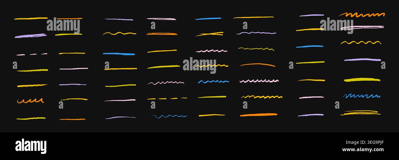 Bunte handgezeichnete Linien mit Bleistift- und Buntstift-Textur auf schwarzem Hintergrund. Kreative Unterstreichungselemente für Kinder, Kritzeleien, Highlights, Schuldesign, Dekoration und künstlerische Skizzen. Stock Vektor