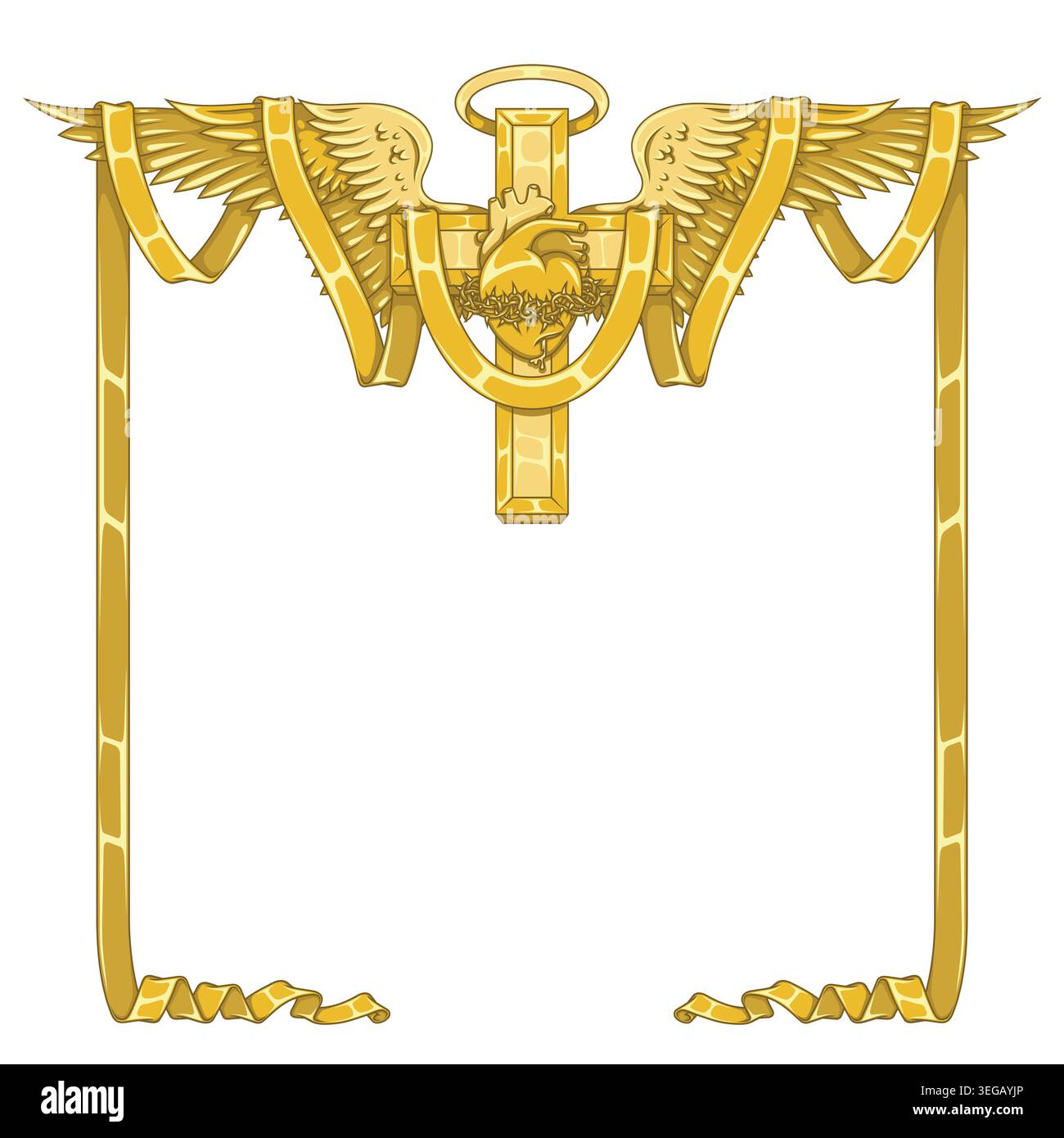 Exklusives geflügeltes Kreuz mit dem Herzen Jesu in Gold- und Goldtönen. Religiöser Luxus-Ikone mit glänzenden und eleganten Oberflächen für hohe Qualität Stock Vektor