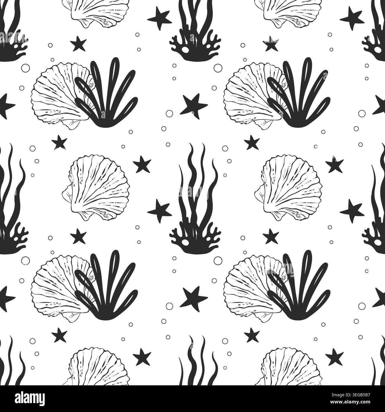 Nahtloses Schwarz-weiß-Marinemuster mit minimalistischen Muscheln, Meeresalgen und Meeressternen für moderne Badezimmereinrichtung und Stoffdesign. Vektorillustraten Stock Vektor