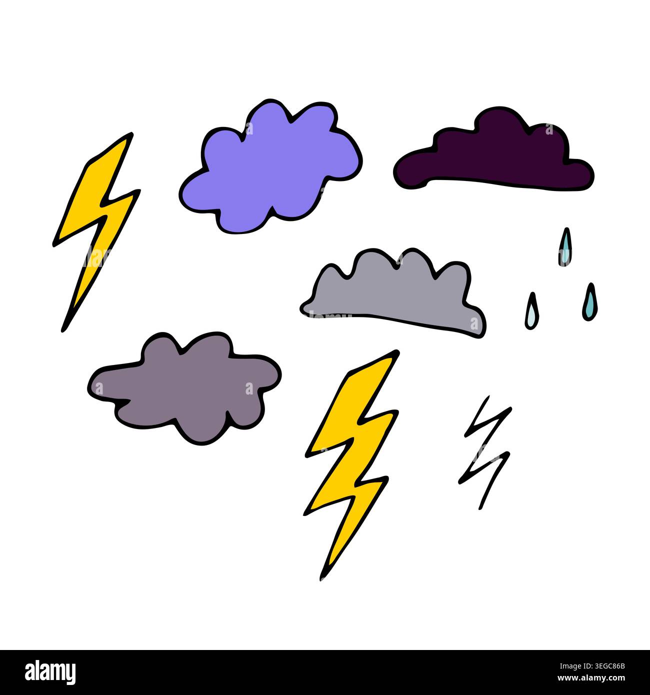 Wettersymbole kritzeln. Handgezeichnete Wolken, Blitz und Regen isoliert auf weißem Hintergrund. Sturmsymbole für Prognosen, Apps, Aufkleber und Ausdrucke, H Stock Vektor