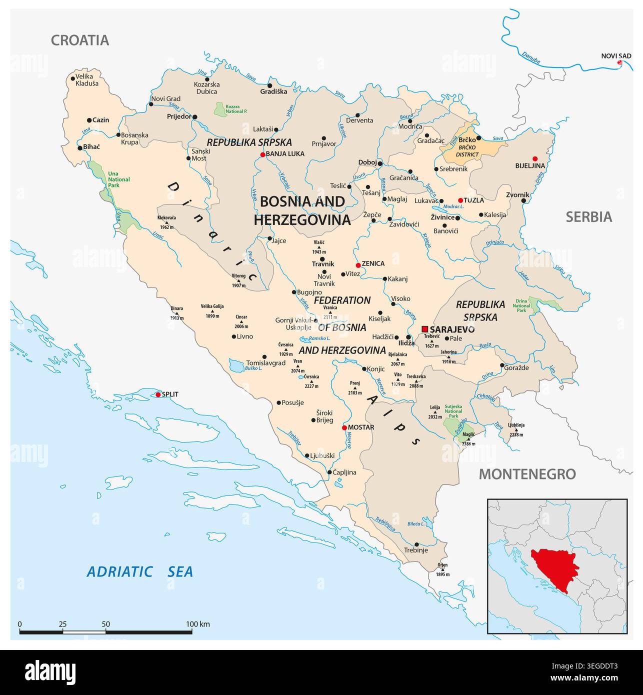 Karte des südosteuropäischen Staates Bosnien und Herzegowina Stockfoto