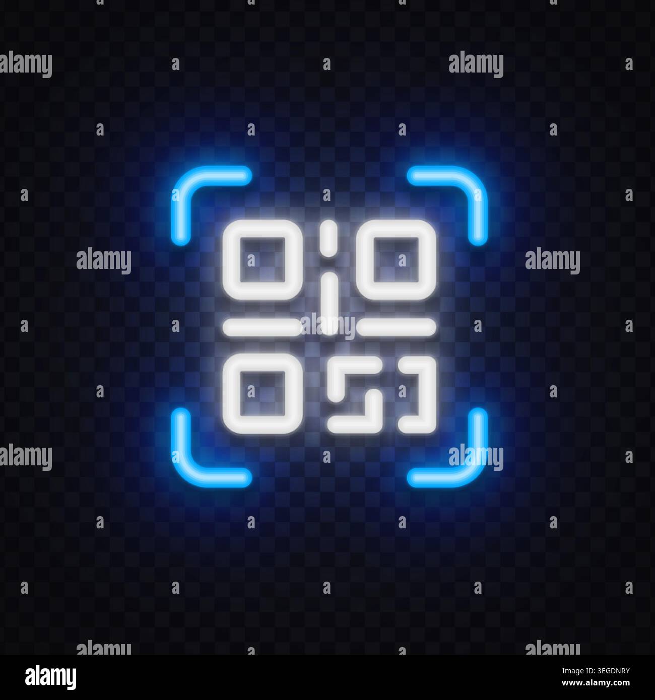 Helles QR-Code-Scan-Symbol bei Neonlicht. Symbol für mobiles Bezahlen und Barcode-Lesen für digitale Informationen und kontaktlose Technologie. Stock Vektor