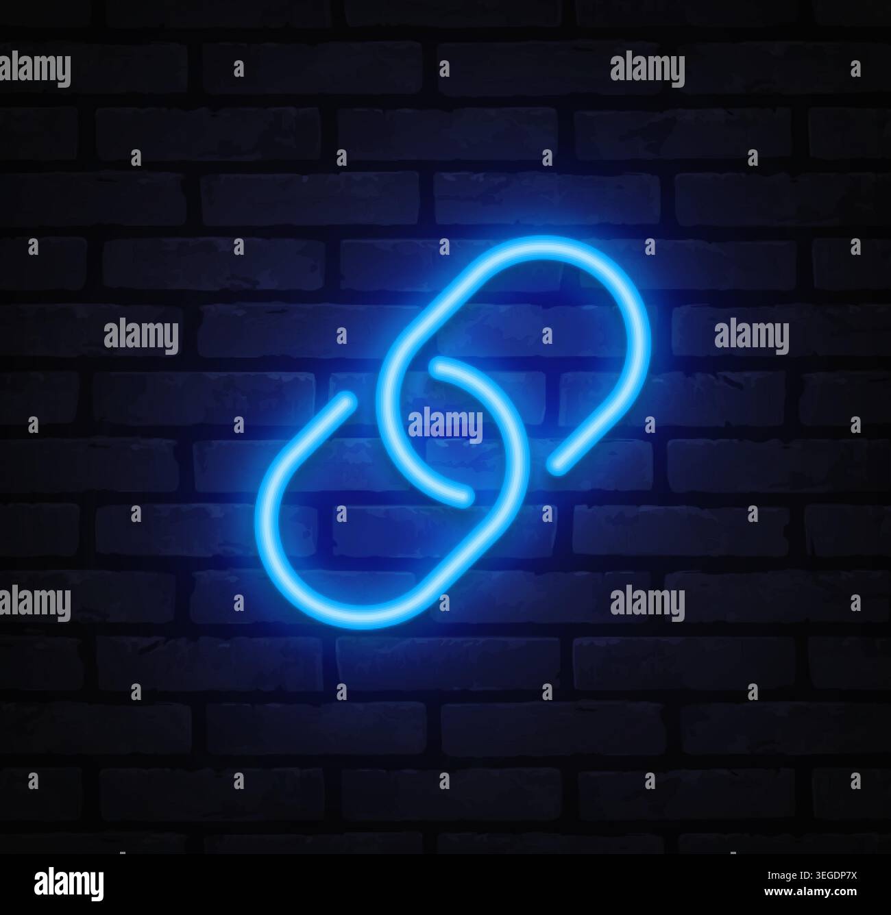 Blaues Neon-Kettenglied-Symbol an dunkler Ziegelwand. Hyperlink und Verbindungssymbol für Website-Navigation, SEO und digitale Netzwerke. Stock Vektor