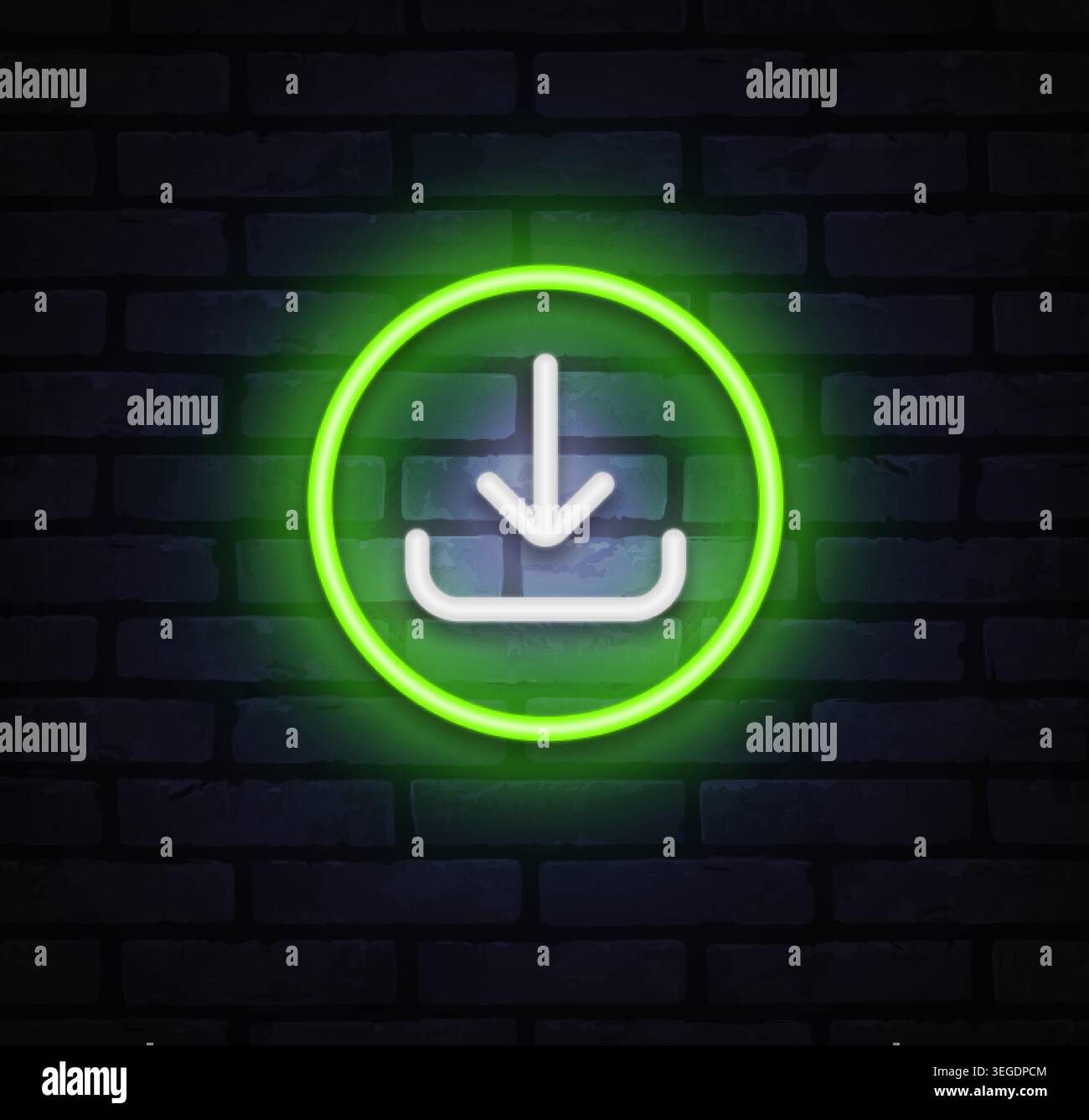 Grünes Neon-Download-Symbol im leuchtenden Kreis. Symbol für Dateispeicherung und Cloud-Übertragung für den Empfang von Daten und Softwareinstallation. Stock Vektor