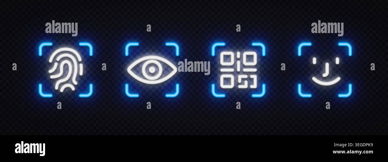 Biometrische Echtheitssymbole in Neon mit Fingerabdruck, Augenscan, QR-Code und Gesichtserkennung. Futuristische leuchtende Symbole zur Identitätsüberprüfung Stock Vektor